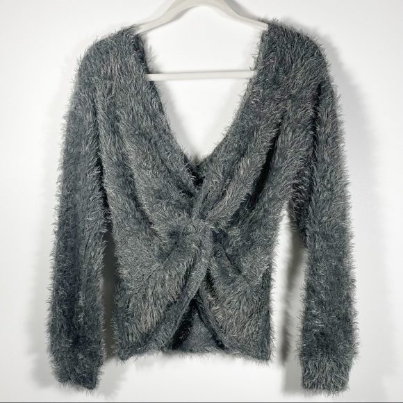 Lush Shaggy Sweater Gray Twist Butterfly Back Deep V-Neck NWT - Picture 8 of 12